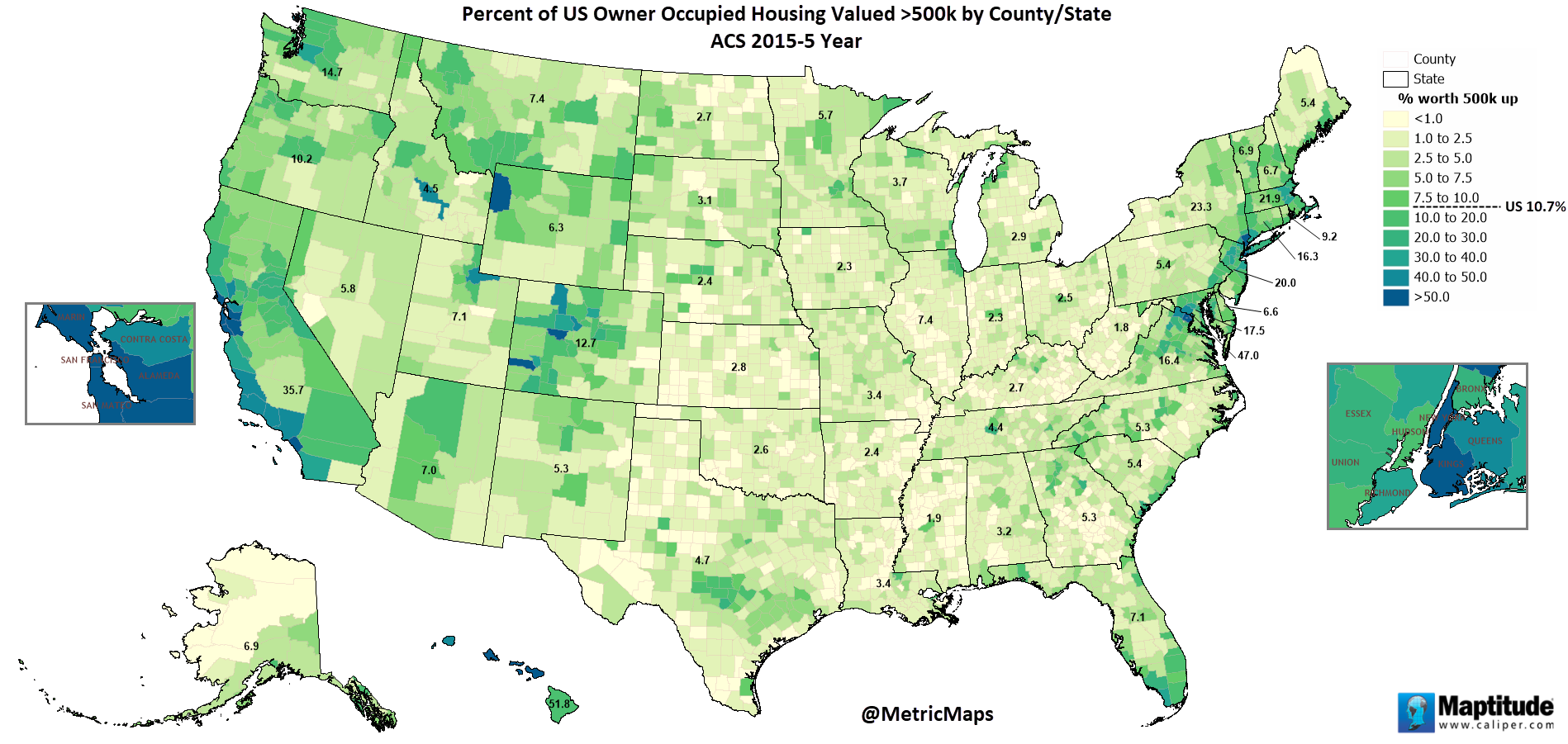 Percent of U.S. owner occupied housing value >500k by U.S county and state