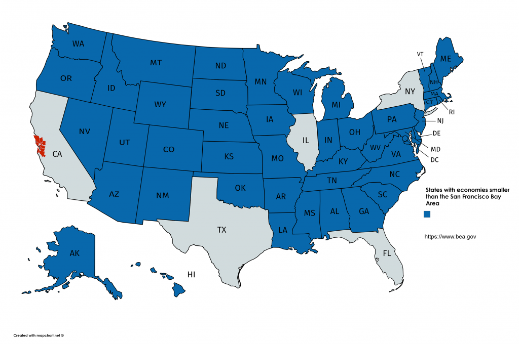 U.S. States with Mapped: economies smaller than the San Francisco Bay Area
