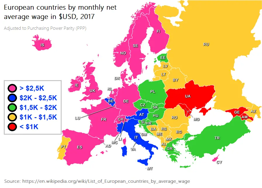 European Countries By Monthly Net Average Wage In USD 2017 Vivid Maps   Wage 