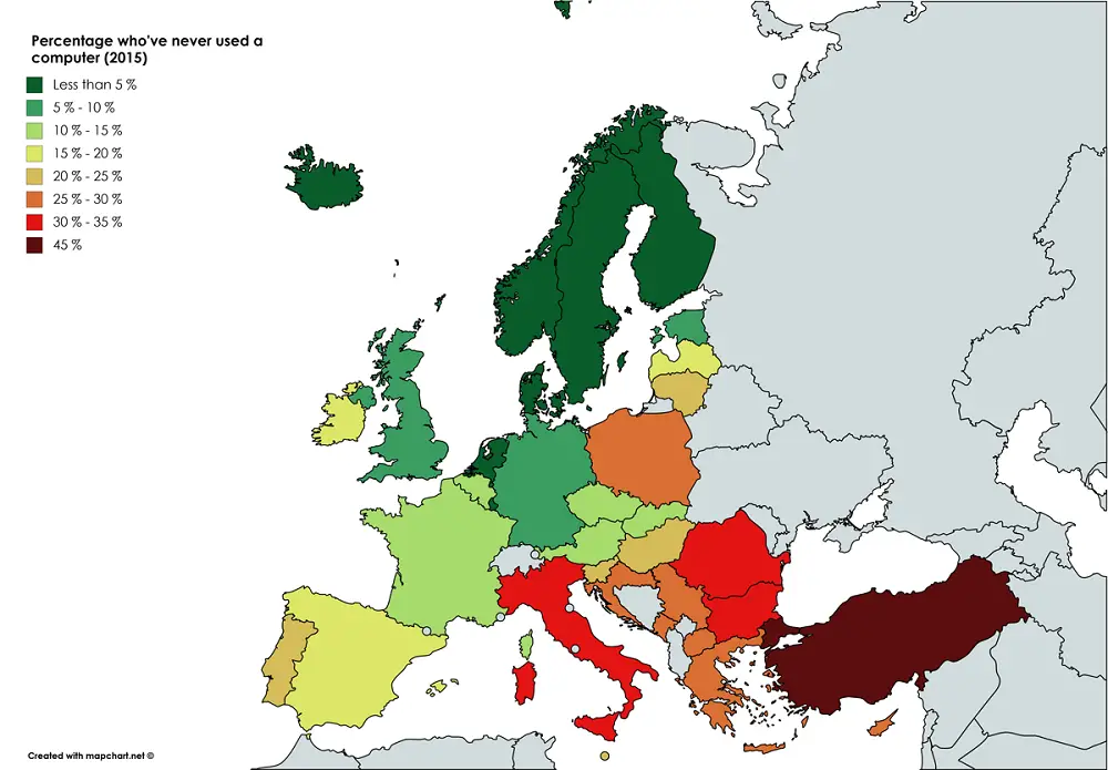 Percentage of Europeans who have never used a computer, 2015 - Vivid Maps