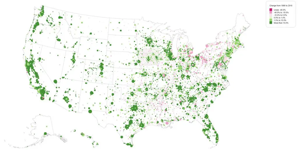 U.S. population change from 1990 to 2010 - Vivid Maps