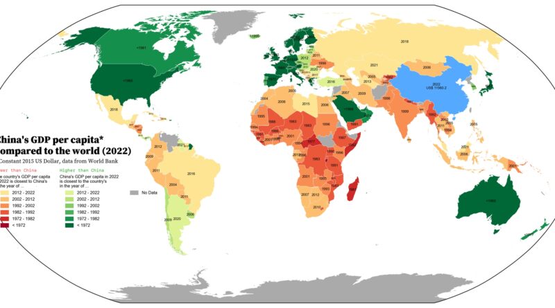 China's GDP per capita compared to the world mapped
