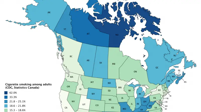 Cigarette smoking among adults in the U.S. and Canada