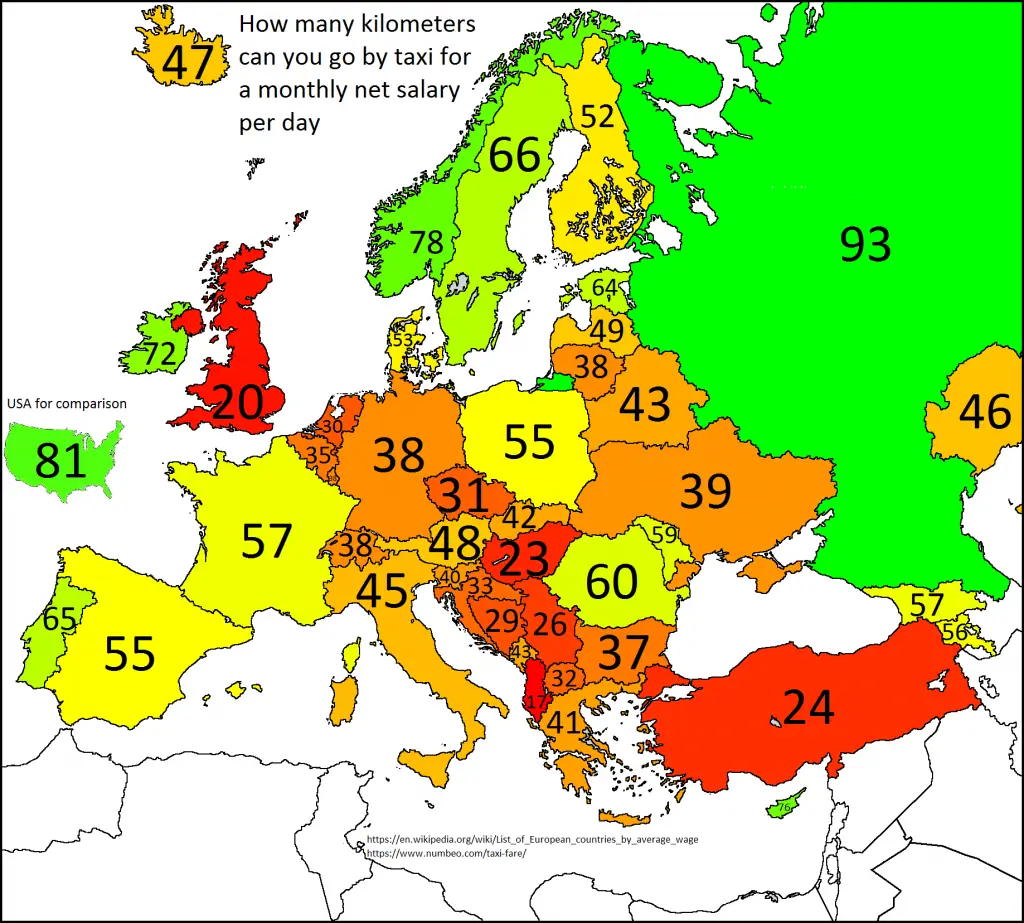 How many kilometers can you go by taxi for a monthly net salary per day ...