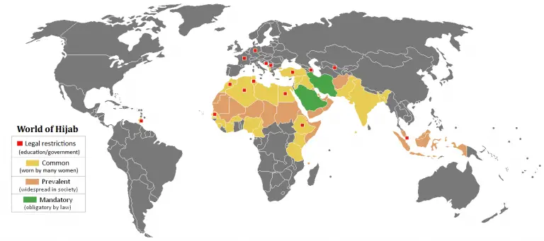 Where hijab is banned, widespread and obligatory (2018) - Vivid Maps