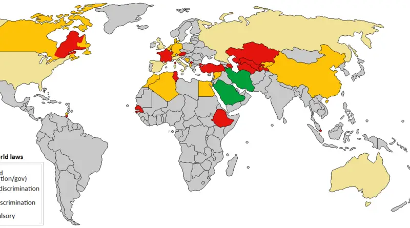 World map of countries were Hijab is banned