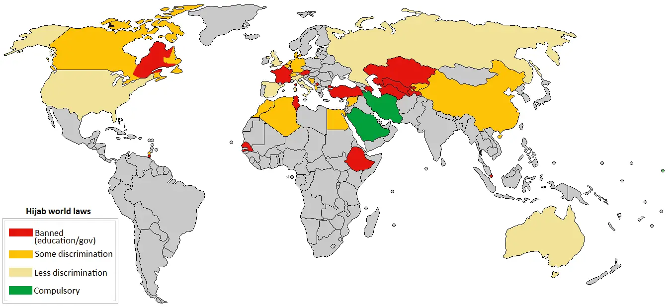 World map of countries were Hijab is banned