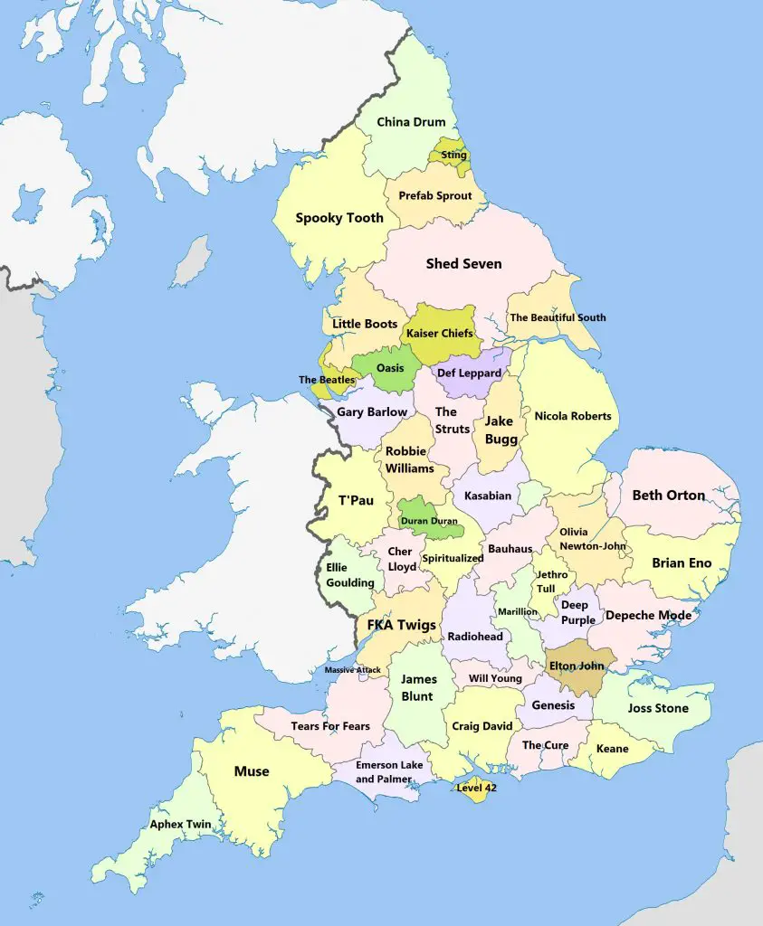 From Elton to Oasis: A Musical Tour of England's Counties - Vivid Maps