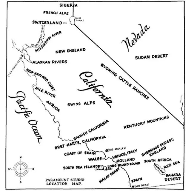 1927 Paramount Studio map of potential filming locations in California that best depict international regions