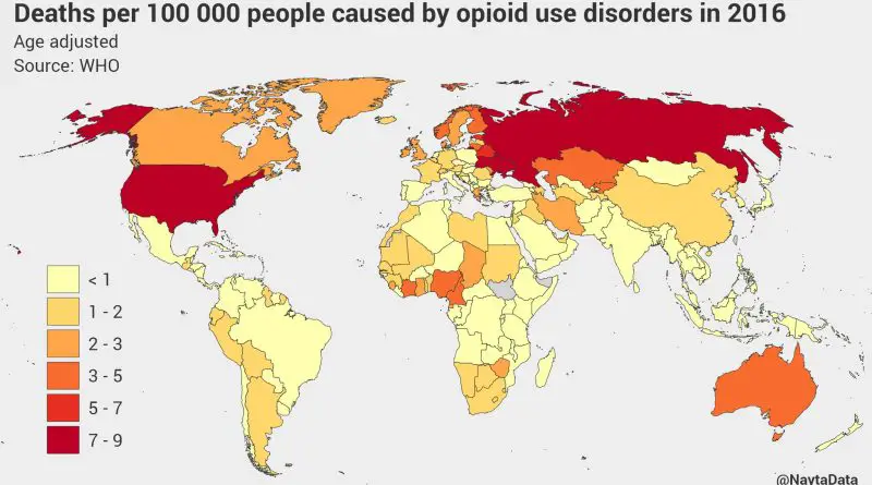 Map of deaths caused by opioid use world wide