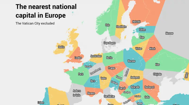 Europe divided into regions based on nearest national capital