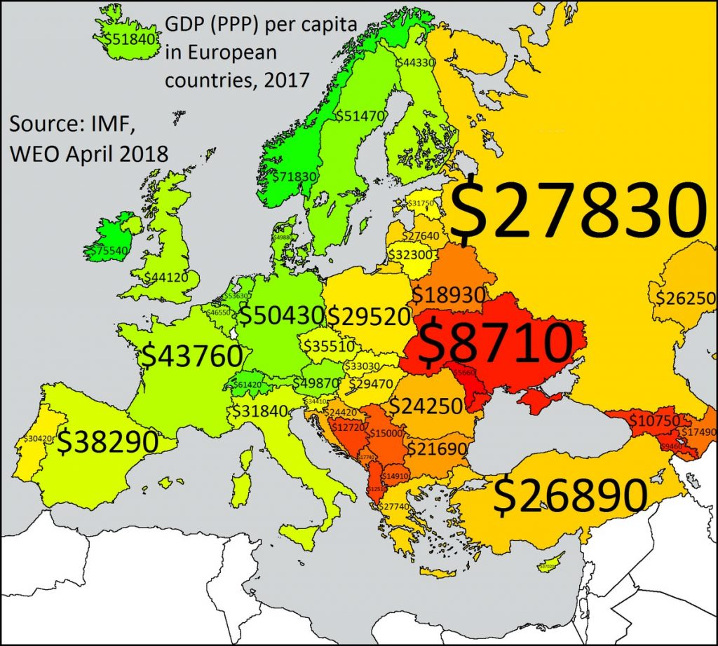 GDP per Capita in Europe 1890 vs 2017 - Vivid Maps