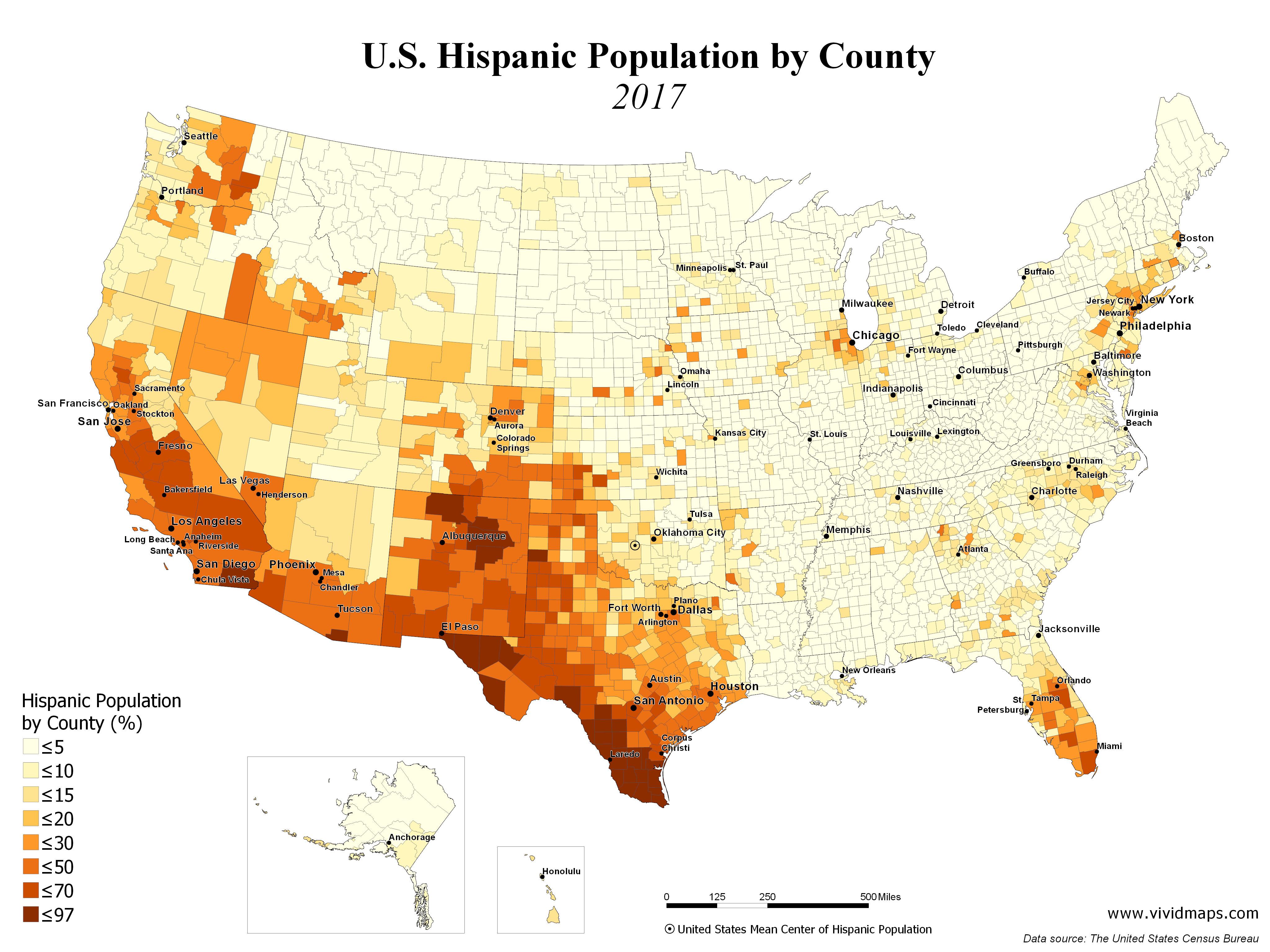 U S Hispanic Population By County 1990 2017 Vivid Maps