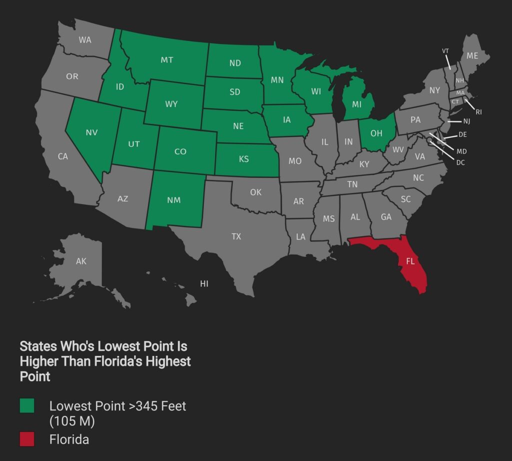 U.S. States who lowest point is higher than Florida Highest Point mapped