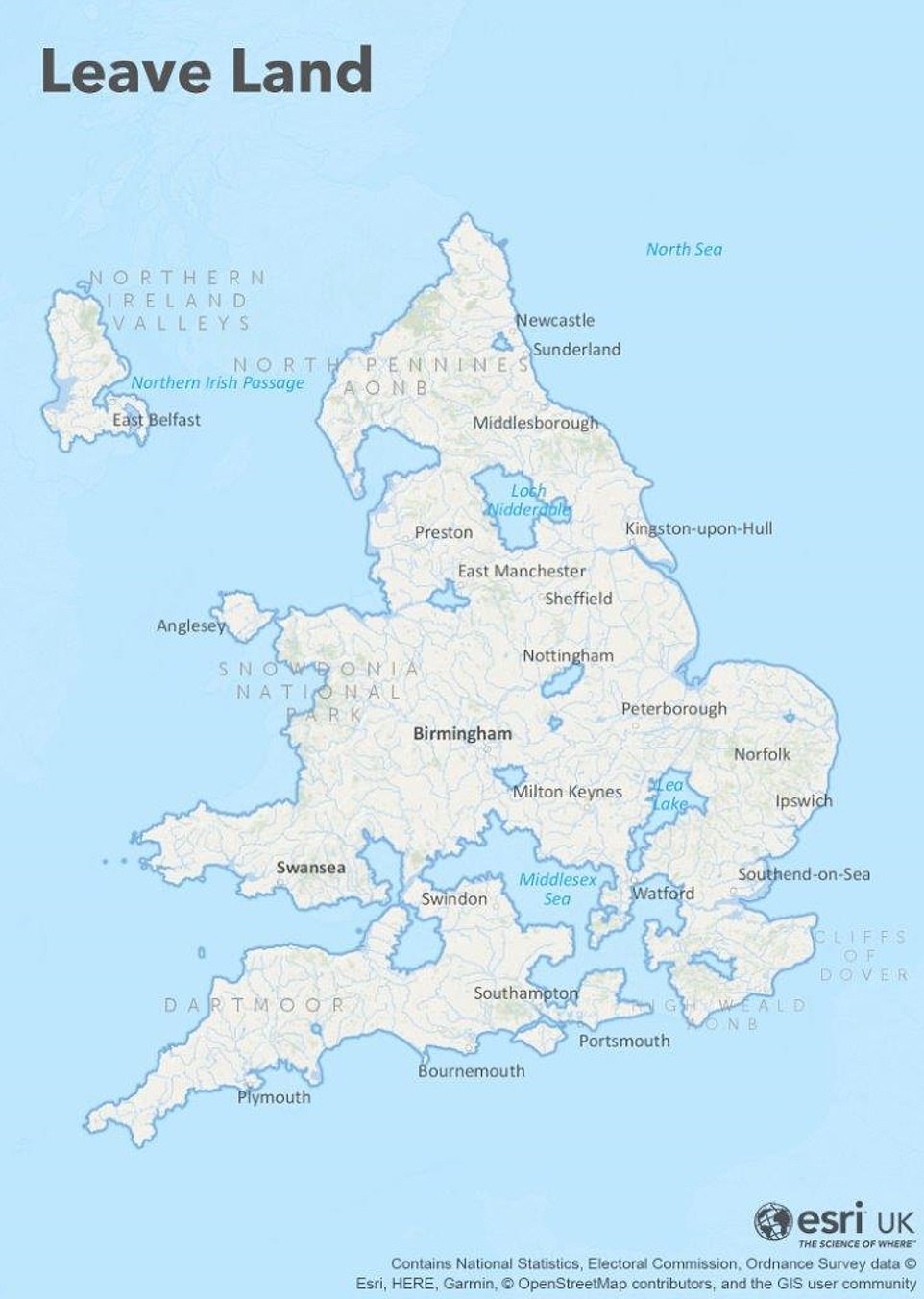 Map of the United Kingdom, based on areas who voted Remain and Leave in