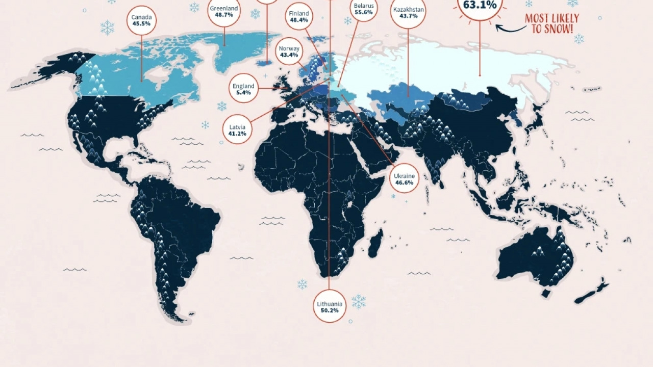 White Christmas Map 2022 Usa The 'White Christmas Map' Reveals Every Country's Chance Of Snow On  Christmas Day - And Every State Too... - Vivid Maps