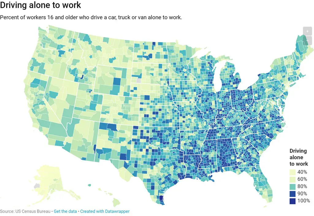 Percentage of U.S. workers driving alone to work