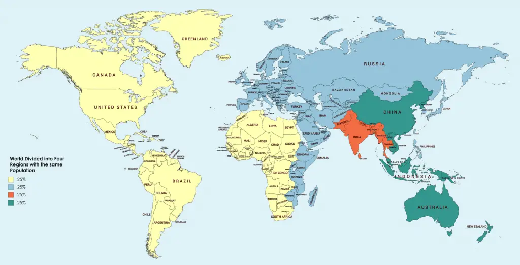 World divided into four regions with the same population 