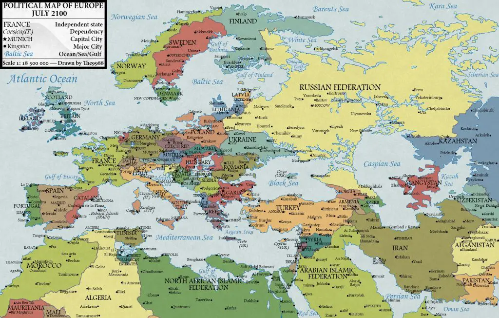 Europe with a 100 meters sea level rise