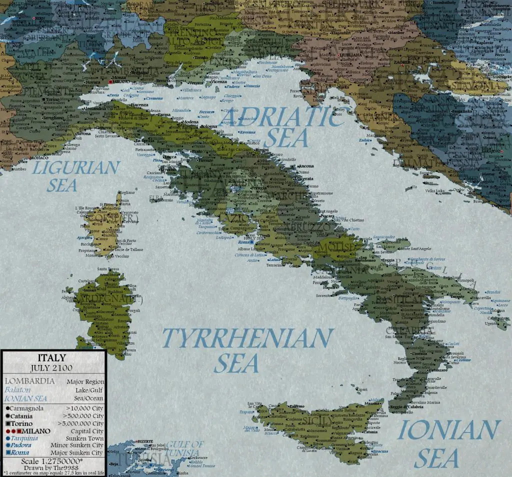 Italy with a 100 meters sea level rise