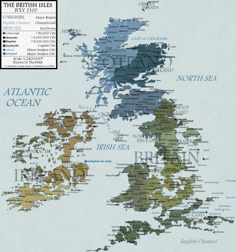 The British Isles with a 100 meters sea level rise