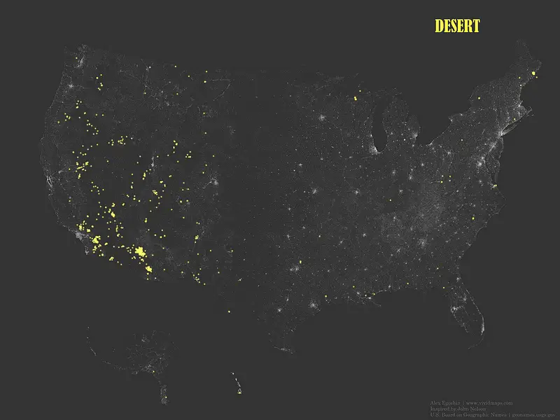 The occurrence of place names that contain the word “Desert” 