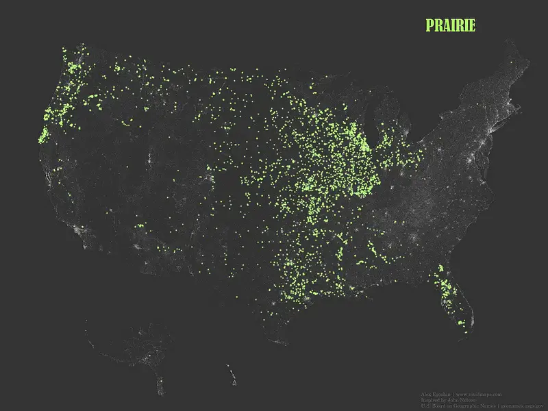 The occurrence of place names that contain the word “Prairie” 