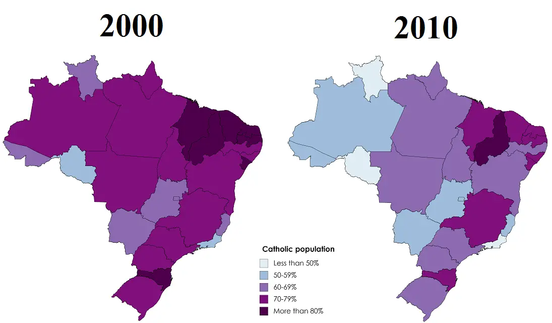 The decrease of Catholicism in Brazil according to the censuses of 2000 & 2010