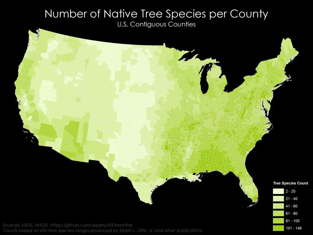 Number of native tree species per U.S. county﻿