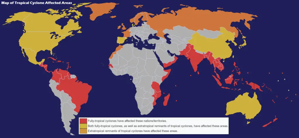 Map of tropical cyclone affected areas