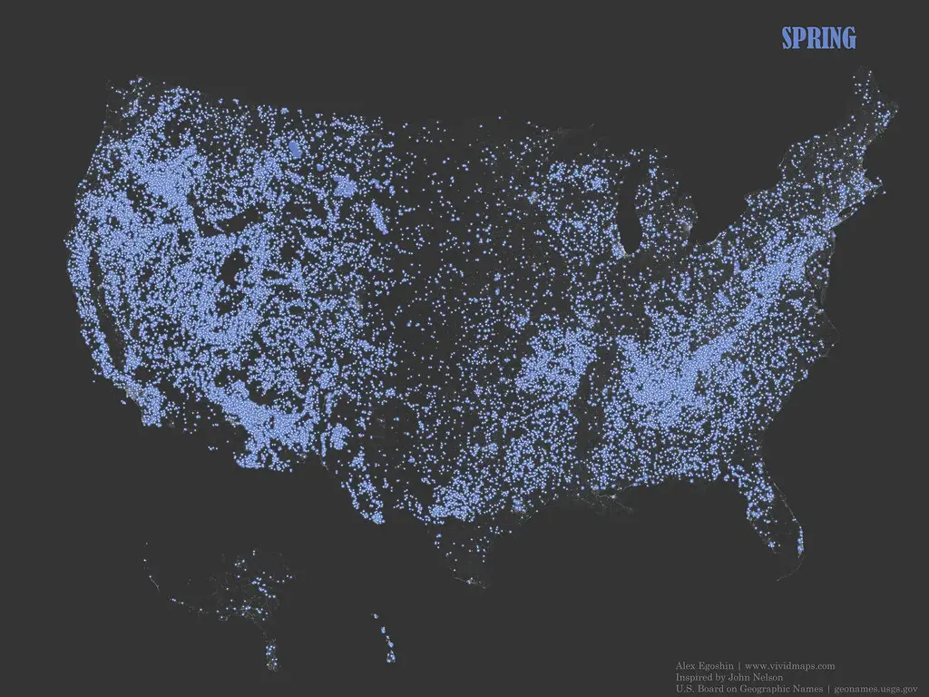 The occurrence of place names that contain the word “Spring” 