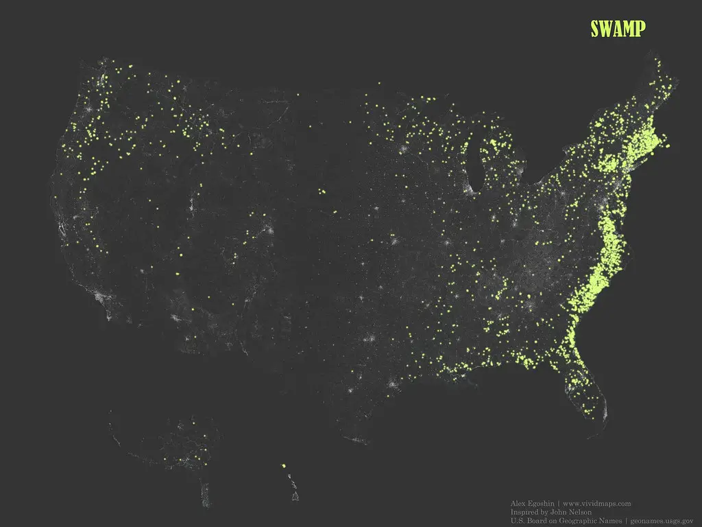 The occurrence of place names that contain the word “Swamp”