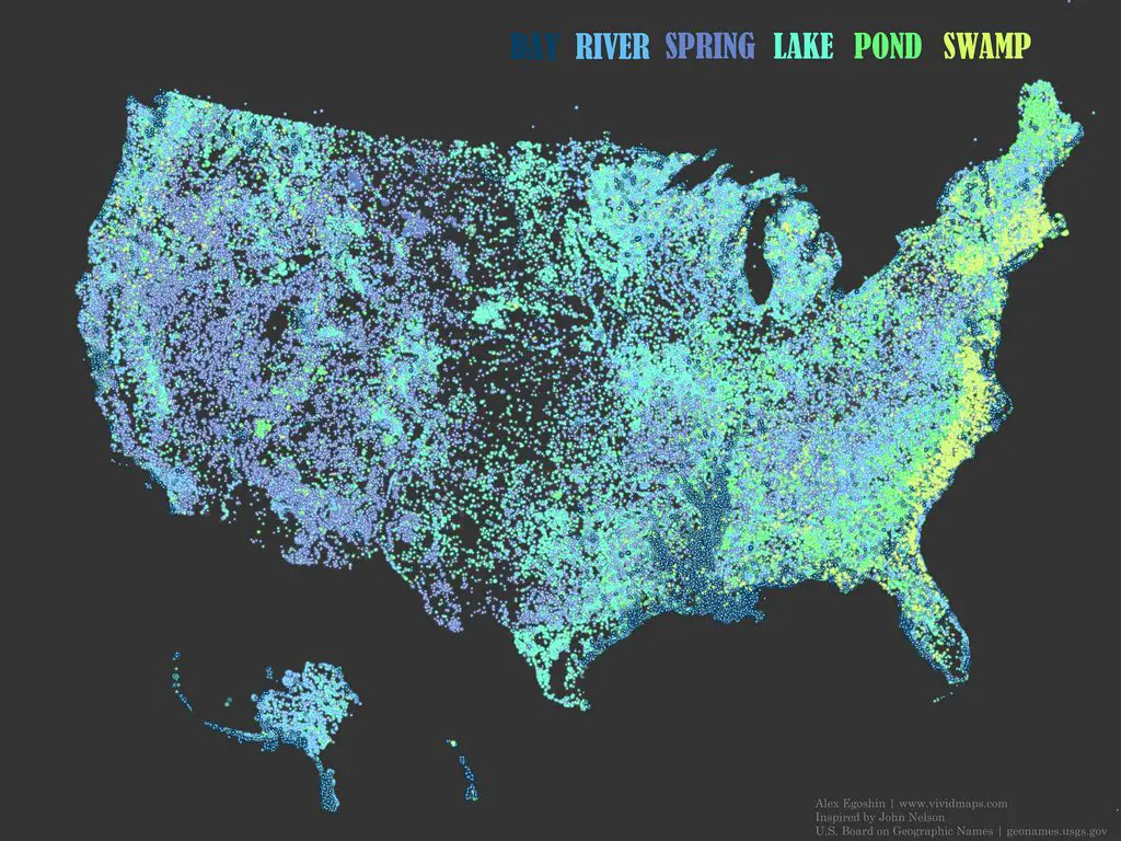 The occurrence of place names that contain the words “Swamp”,    
“Pond”,  “Lake”, "Spring", "Bay" and "Swamp" 