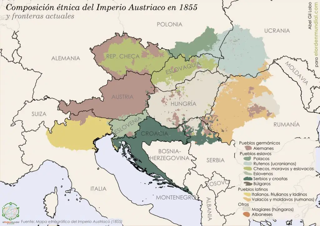 Ethnical composition of Austrian Empire superimposed over modern borders (1855)