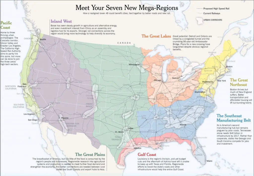 Map of the seven infrastructure mega-regions in the United States