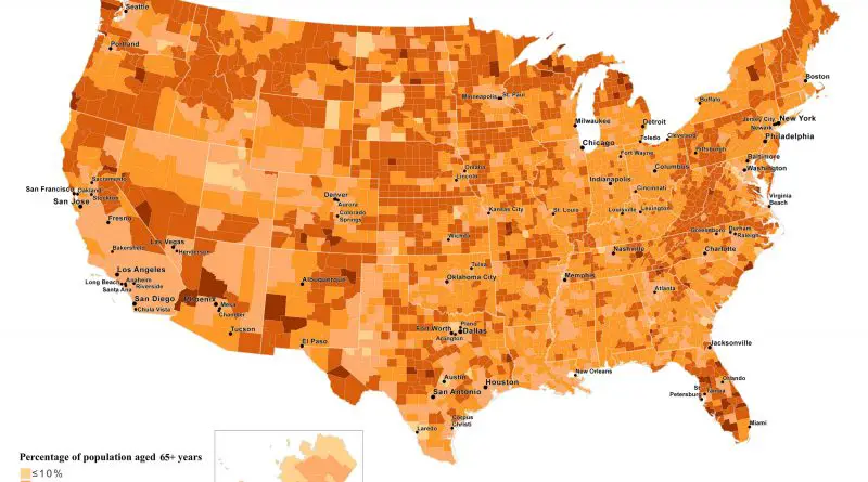 Population 65 years an older by the U.S. county