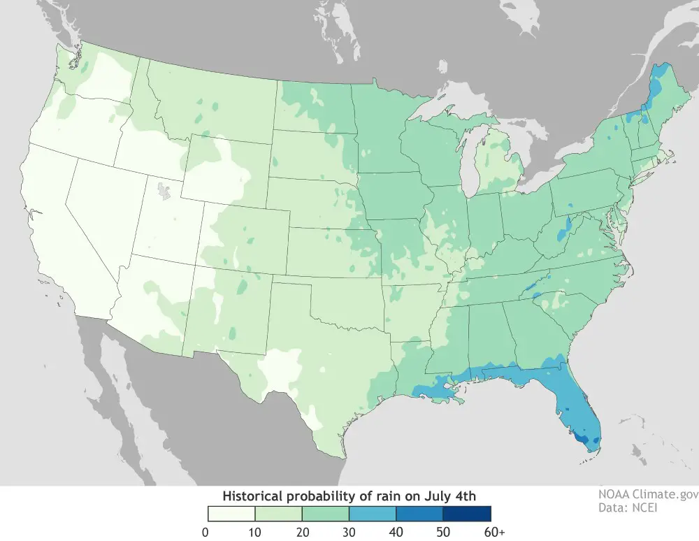 Where the climate record says it's likely to rain on Fourth of July