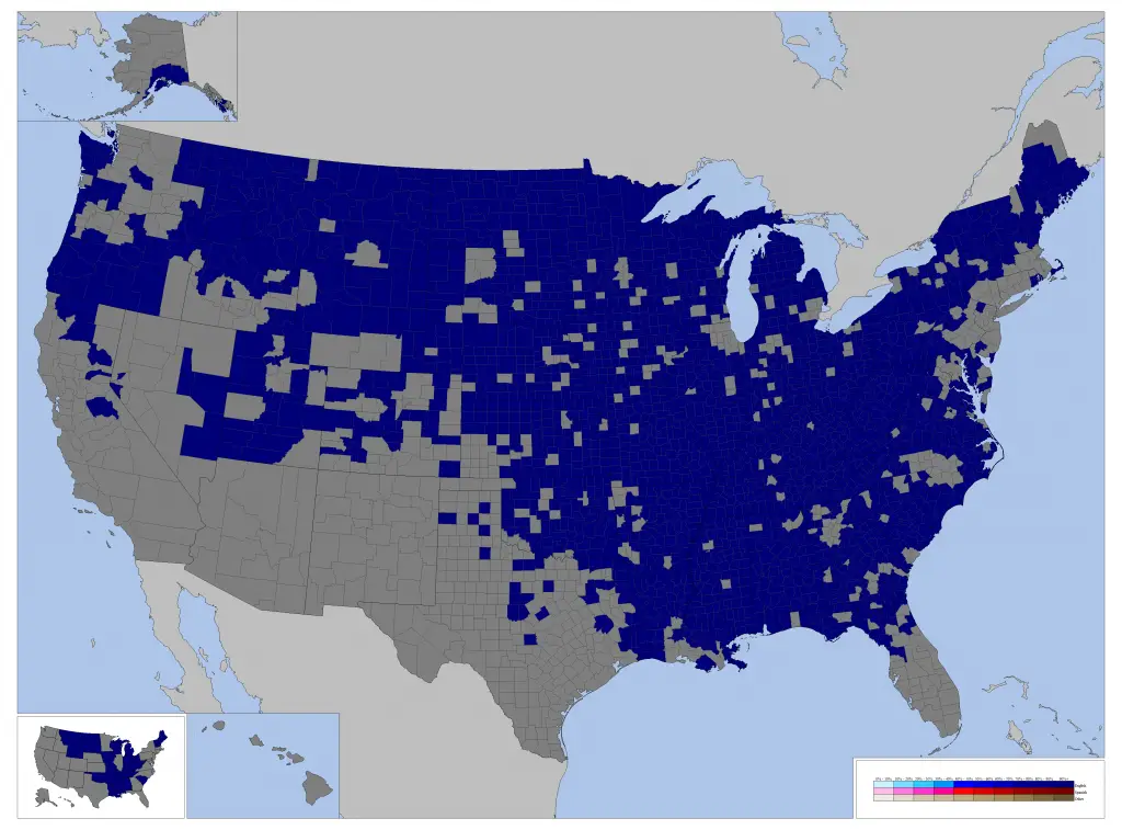 U.S. counties in which over 90% of the population speaks English at home