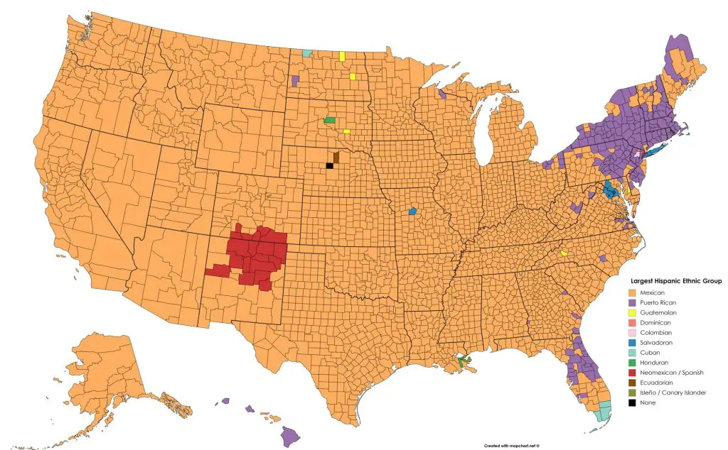 Map of the largest Hispanic ethnic group in each U.S. county