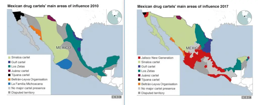 Areas of influence of major Mexican drug cartels in the U.S.