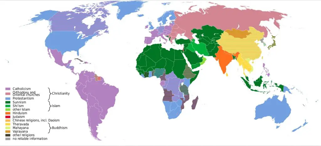 Primary religious affiliation in each country