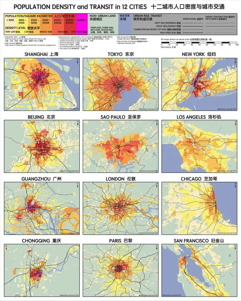 Population Density And Urban Transit In Large World Cities Vivid Maps 7170