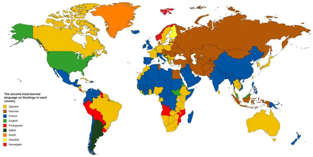 The second most learned language on Duolingo in each country