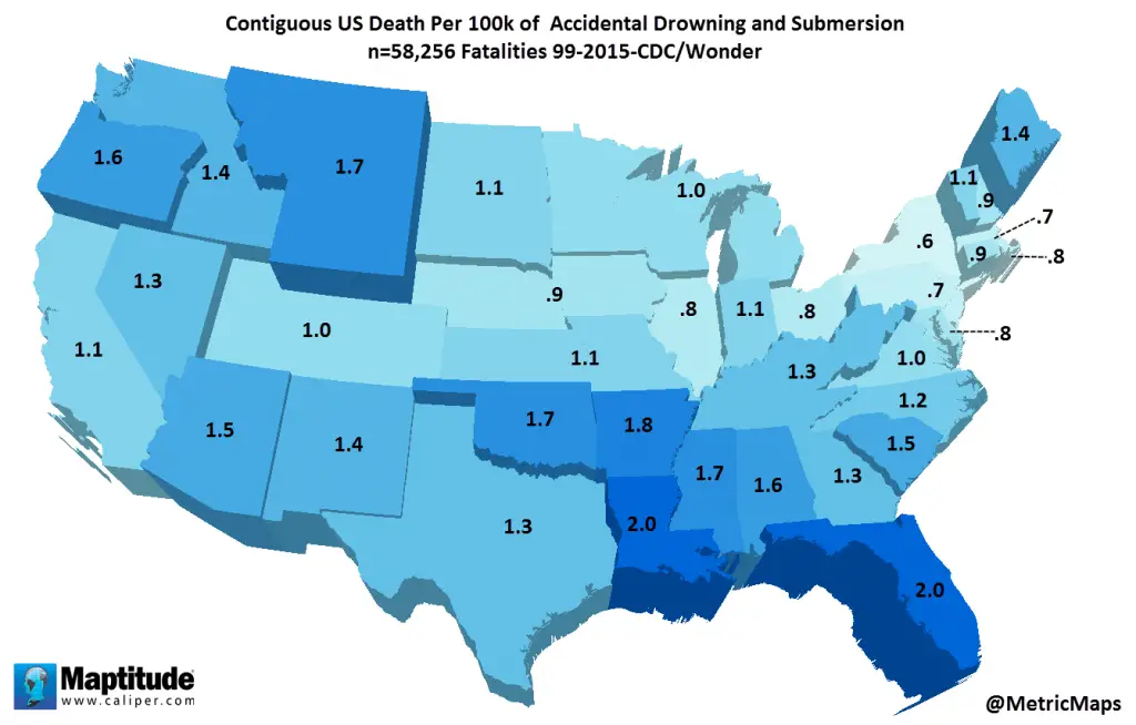 Contiguous US Death per 100k of accidental drowning & submersion