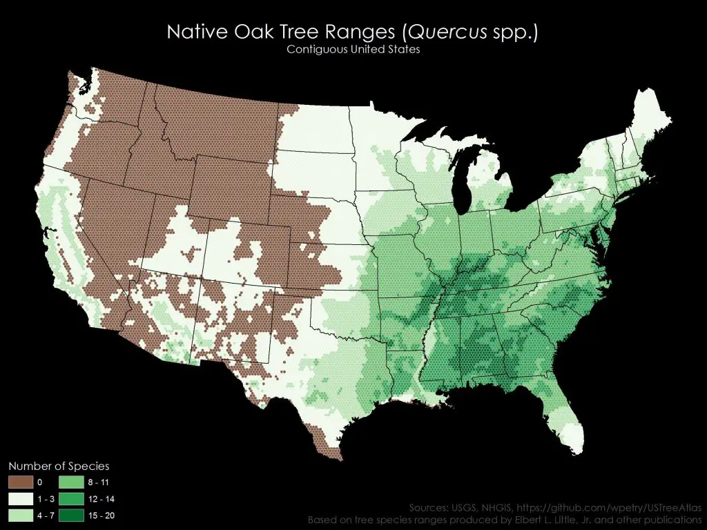 Map of native oak tree ranges