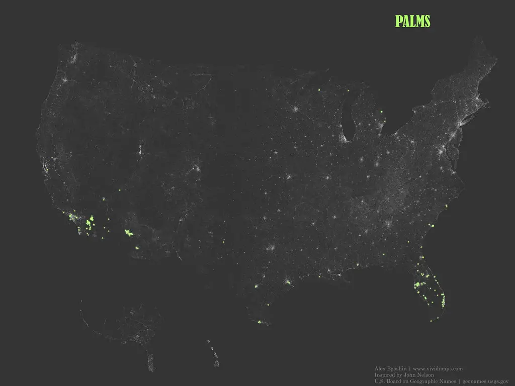 The occurrence of place names that contain the word "Palms"