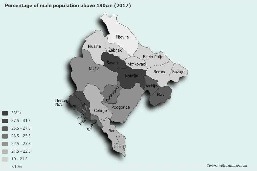 Percentage of male population above 190cm per municipality in Montenegro