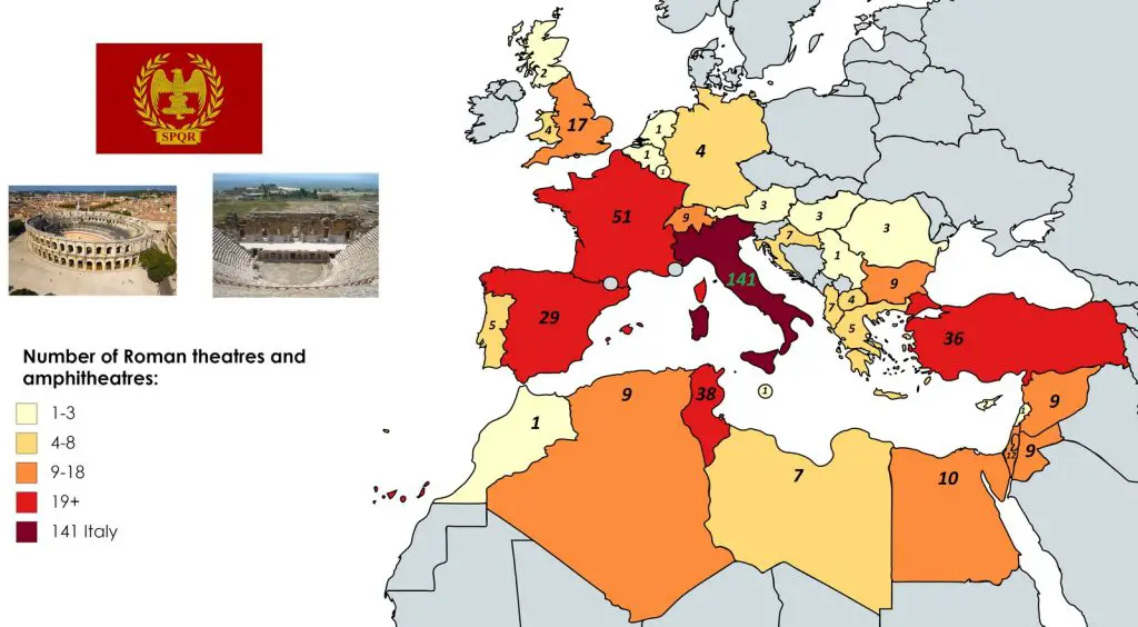 Number of Roman Theaters and Amphitheaters per country