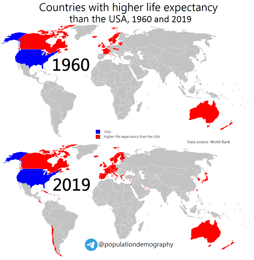 Countries with higher life expectancy than the U.S.: 1960 and 2019