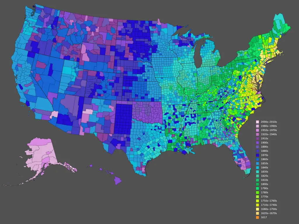 Date of creation of every 3142 US counties mapped